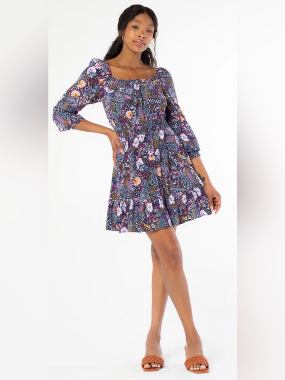 Lovestitch NWT Blue Purple Floral Smocked Waist Long Sleeve Mini Dress Small